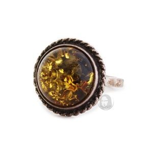 Vintage Ring Amber and Sterling Silver Artisan Made Round Stone Size 8 Statement